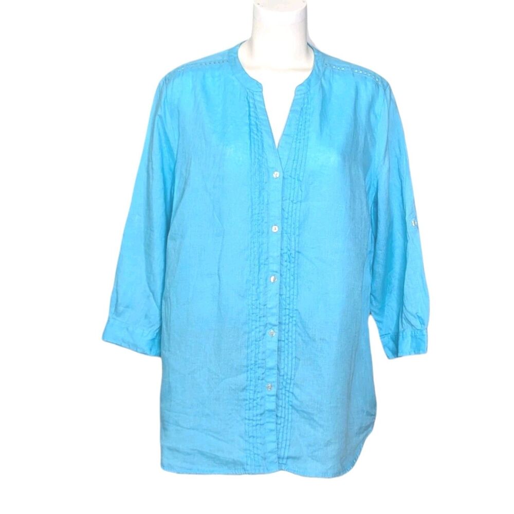CHARTER CLUB 100% Linen Blouse Top Women's Size XXL Blue Long Sleeves Boho Beach